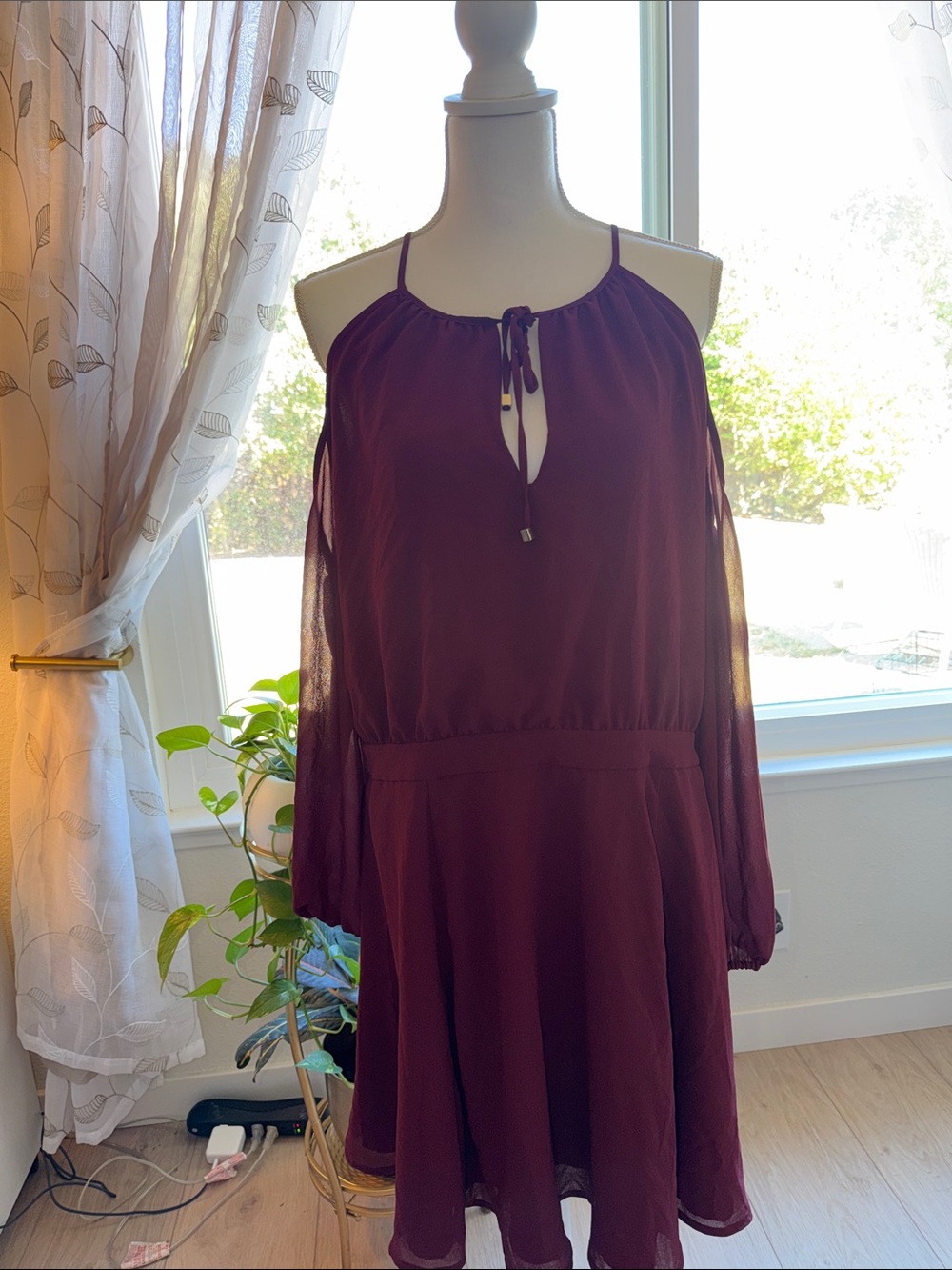 Forever 21 Wine Cold-Shoulder Long Sleeve Dress